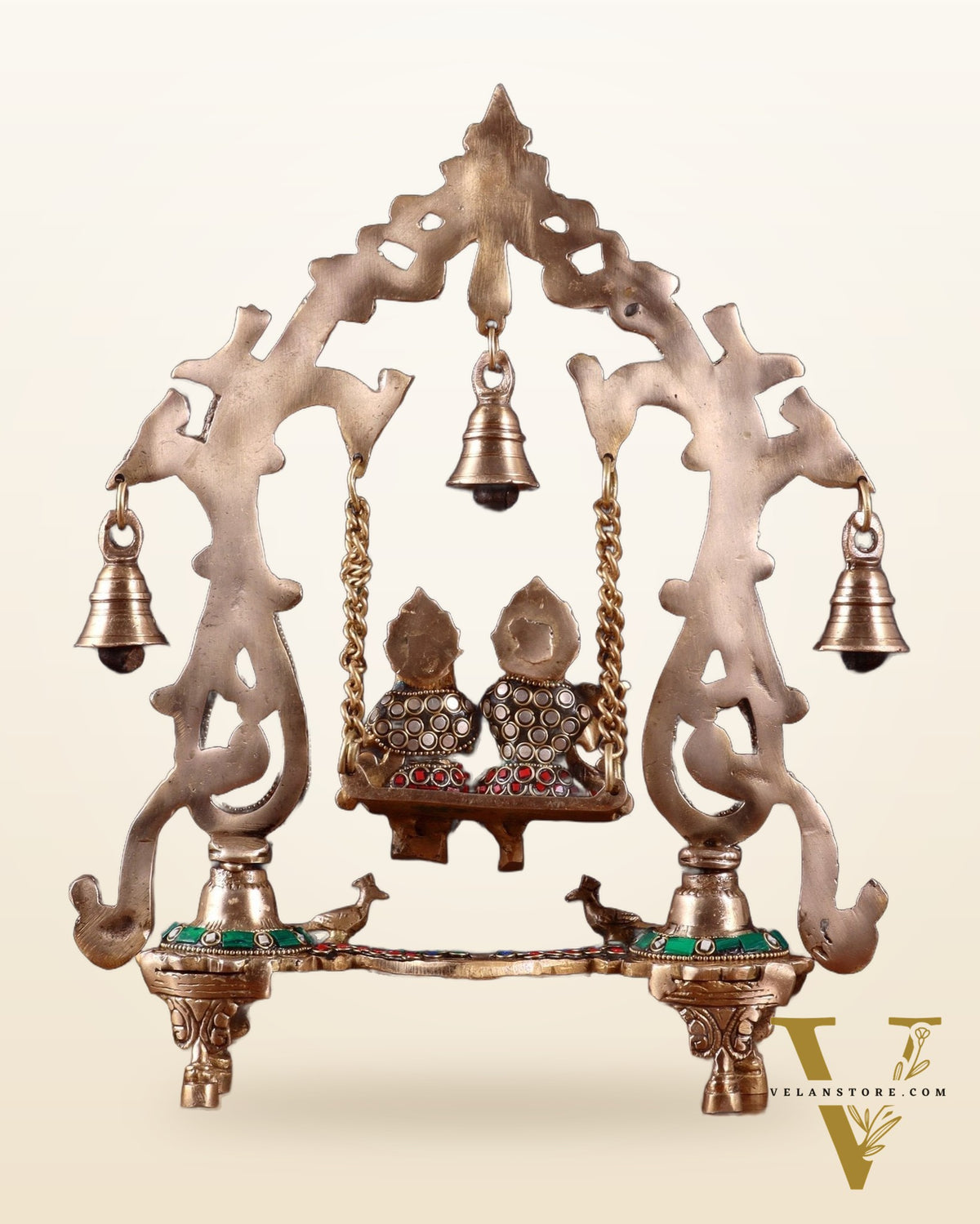 Brass Radha Krishna Swing 13.5 inch with stonework