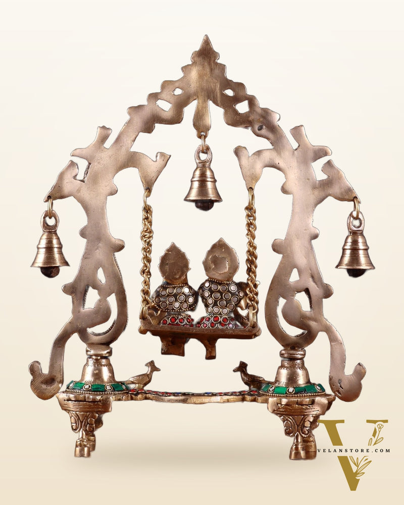 Brass Radha Krishna Swing 13.5 inch with stonework