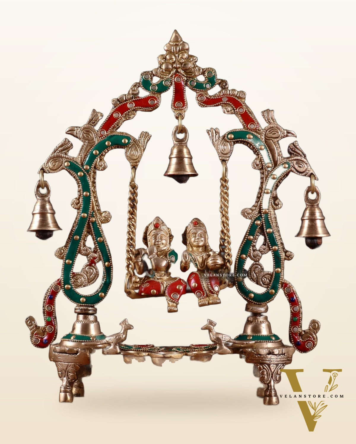 Brass Radha Krishna Swing 13.5 inch with stonework