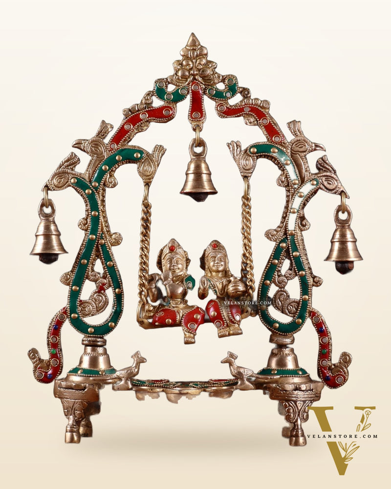 Brass Radha Krishna Swing 13.5 inch with stonework