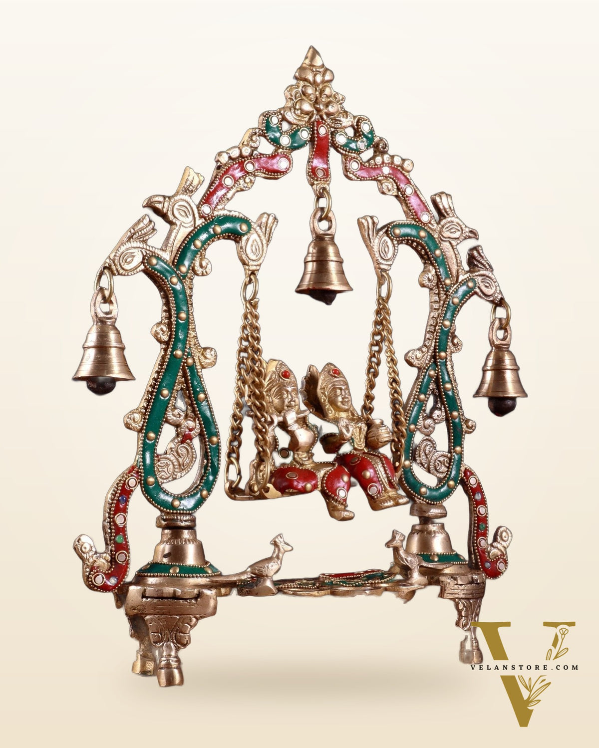 Brass Radha Krishna Swing 13.5 inch with stonework