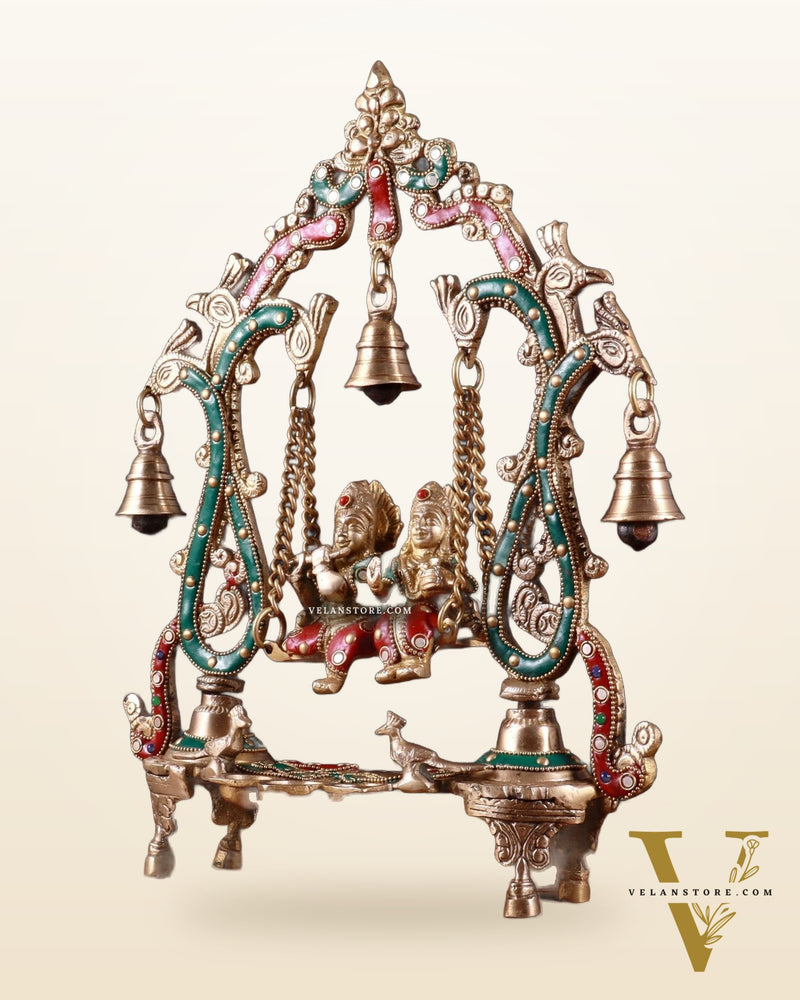 Brass Radha Krishna Swing 13.5 inch with stonework