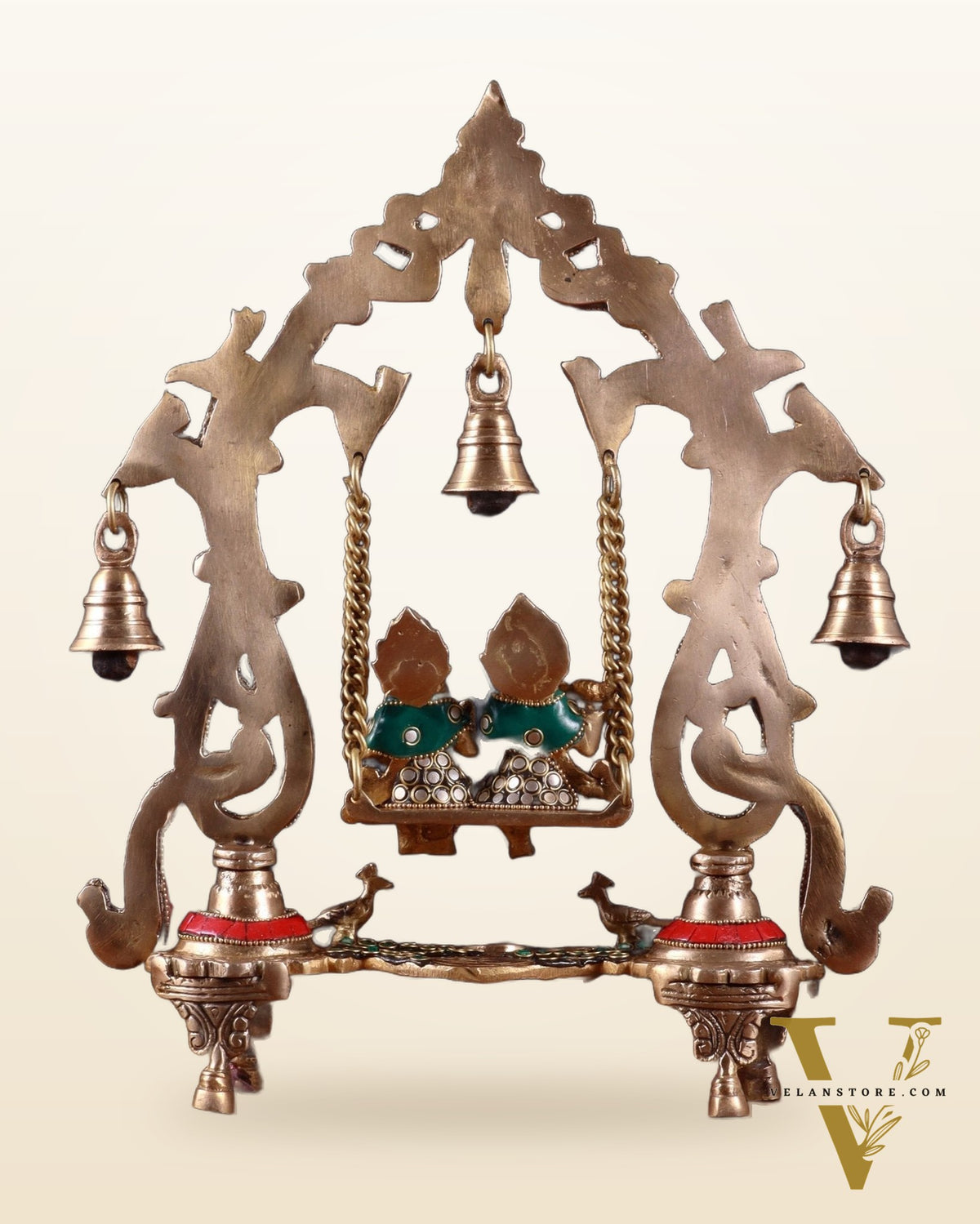 Brass Radha Krishna Swing 13.5 inch with stonework