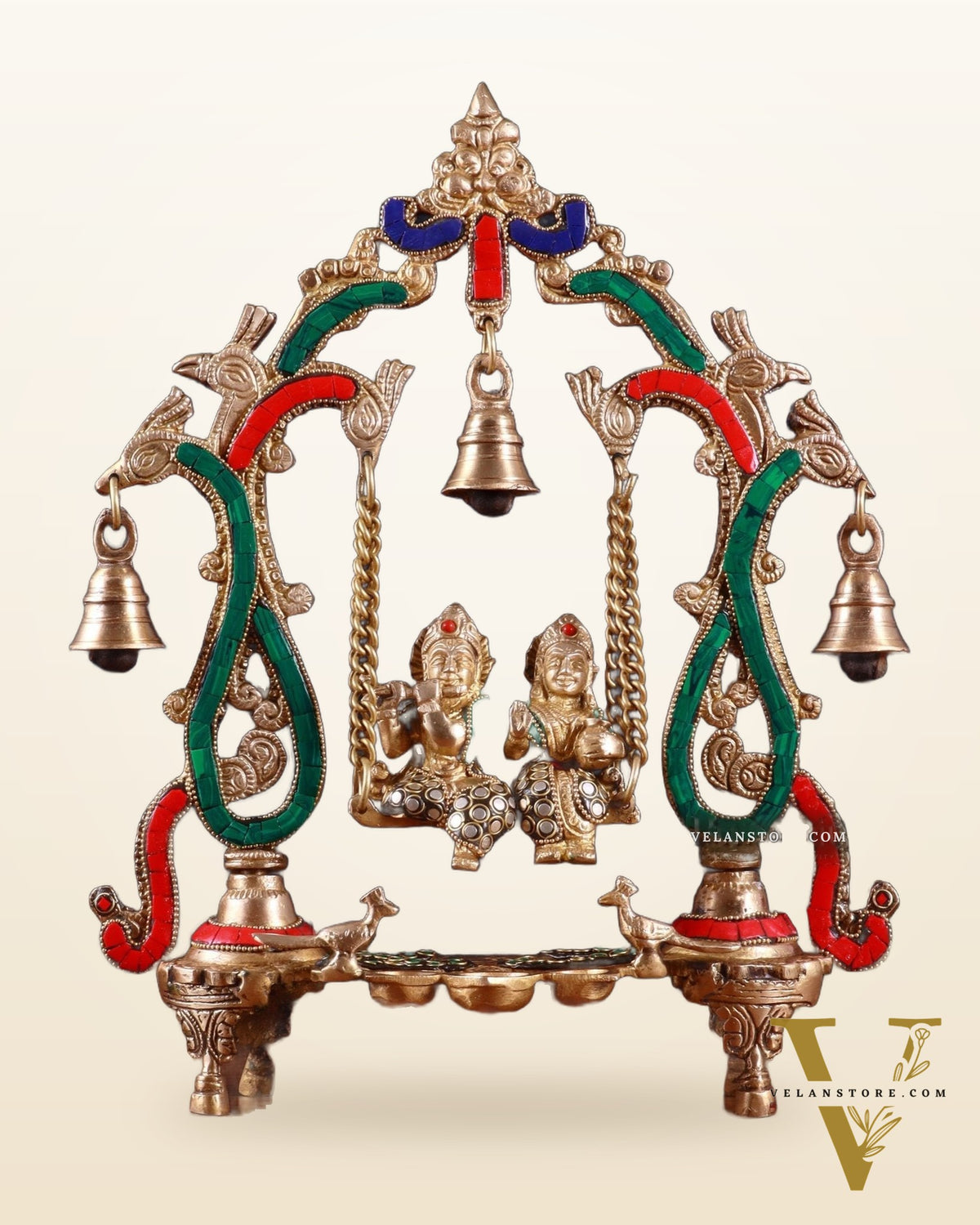 Brass Radha Krishna Swing 13.5 inch with stonework