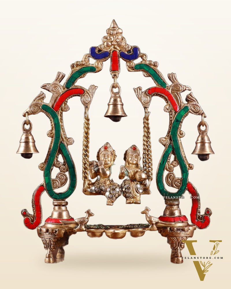 Brass Radha Krishna Swing 13.5 inch with stonework