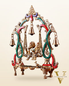 Brass Radha Krishna Swing 13.5 inch with stonework