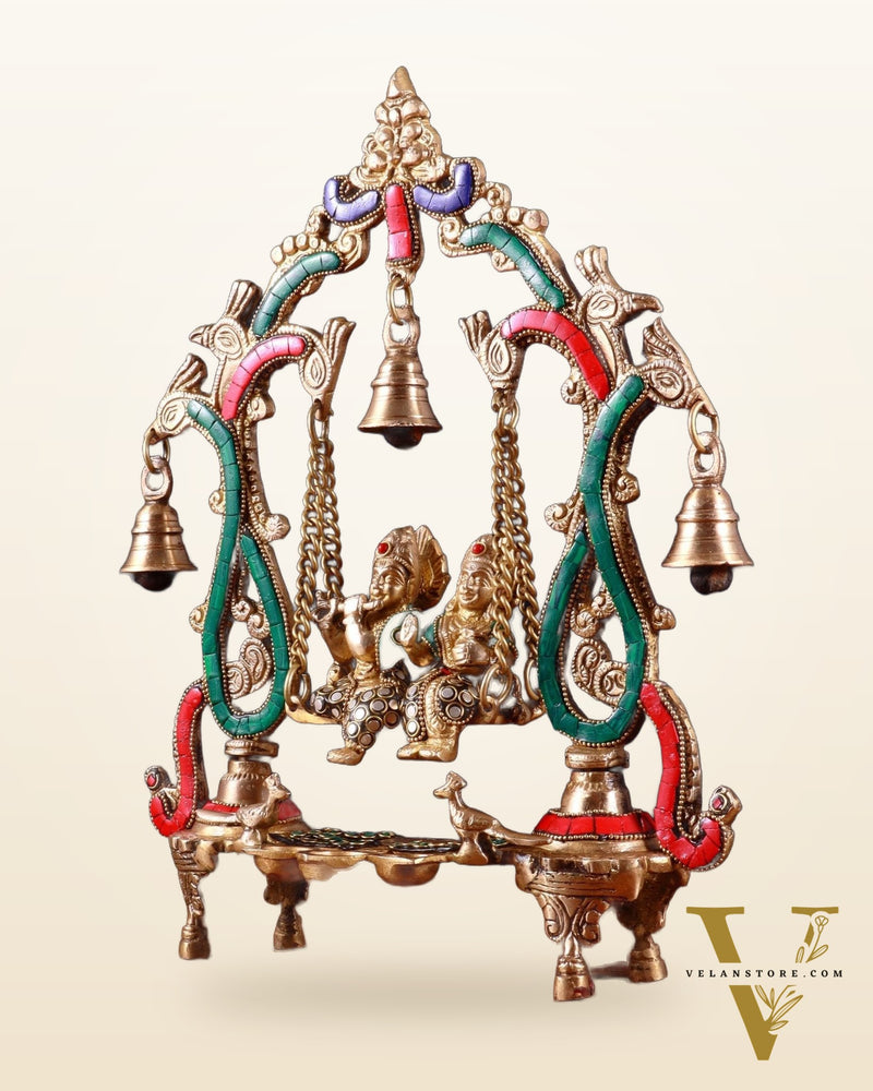 Brass Radha Krishna Swing 13.5 inch with stonework