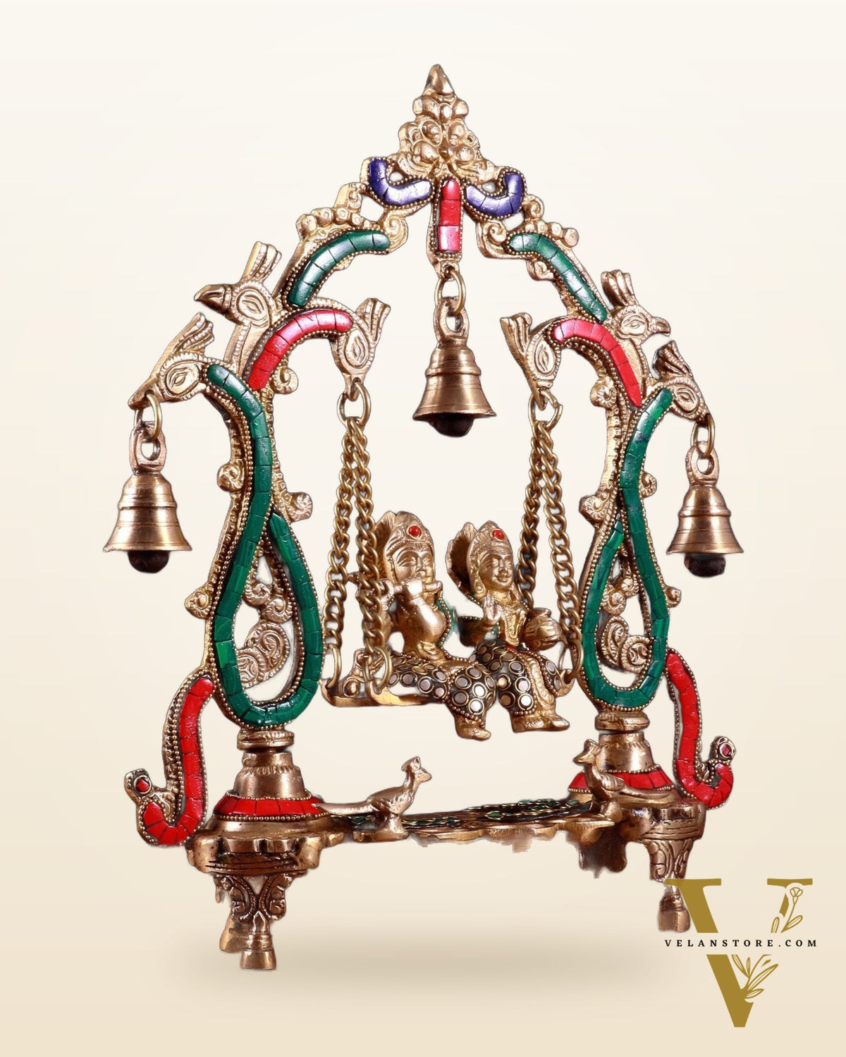 Brass Radha Krishna Swing 13.5 inch with stonework