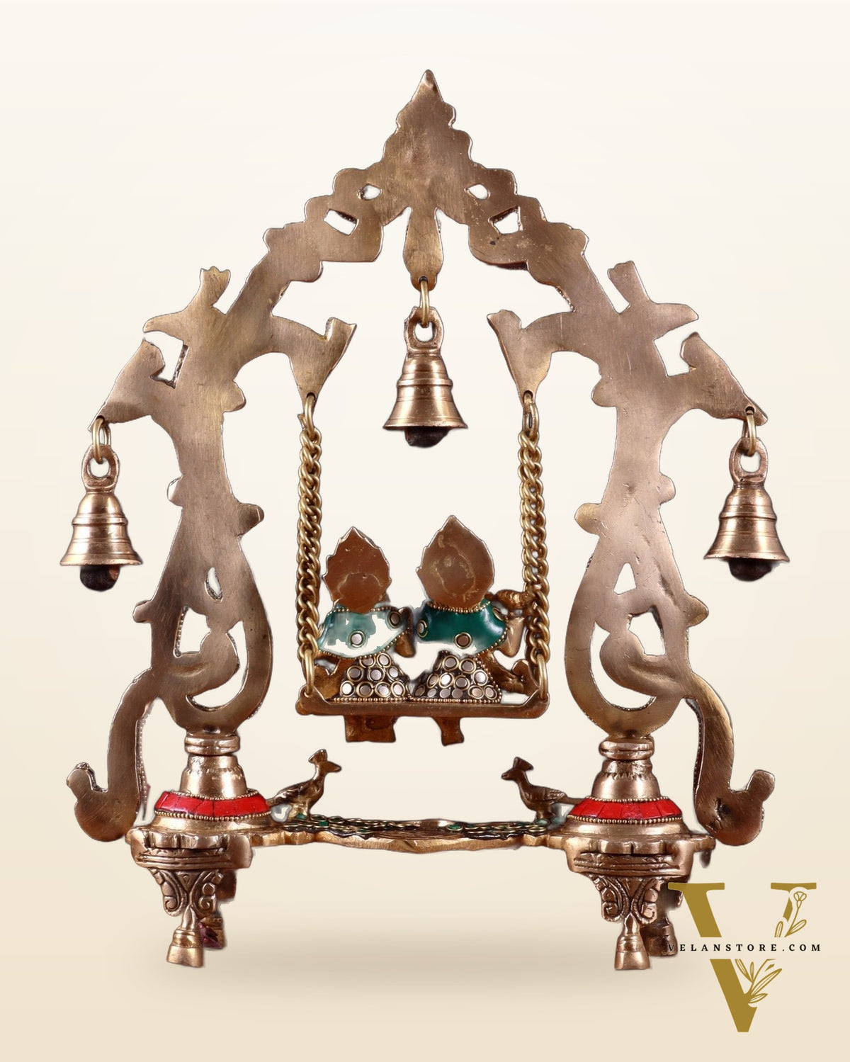 Brass Radha Krishna Swing 13.5 inch with stonework