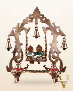 Brass Radha Krishna Swing 13.5 inch with stonework