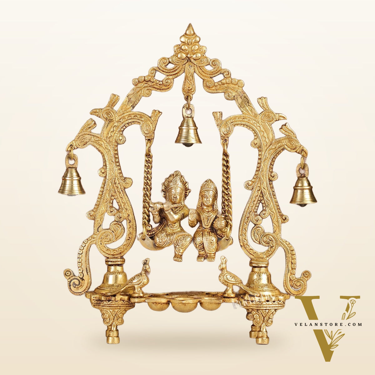 Brass Radha Krishna Swing with Three Diyas 13.5 inch Shine