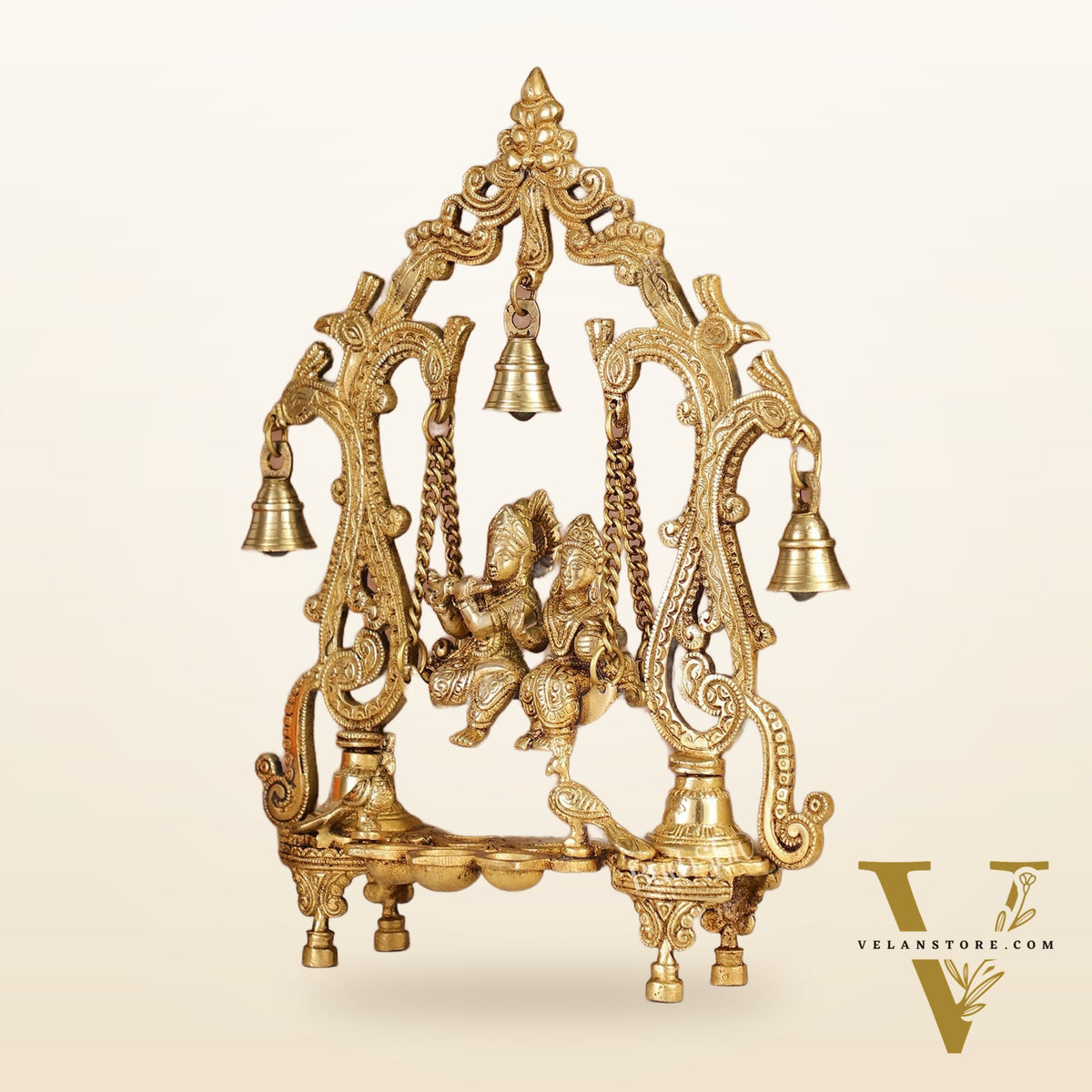Brass Radha Krishna Swing with Three Diyas 13.5 inch Shine
