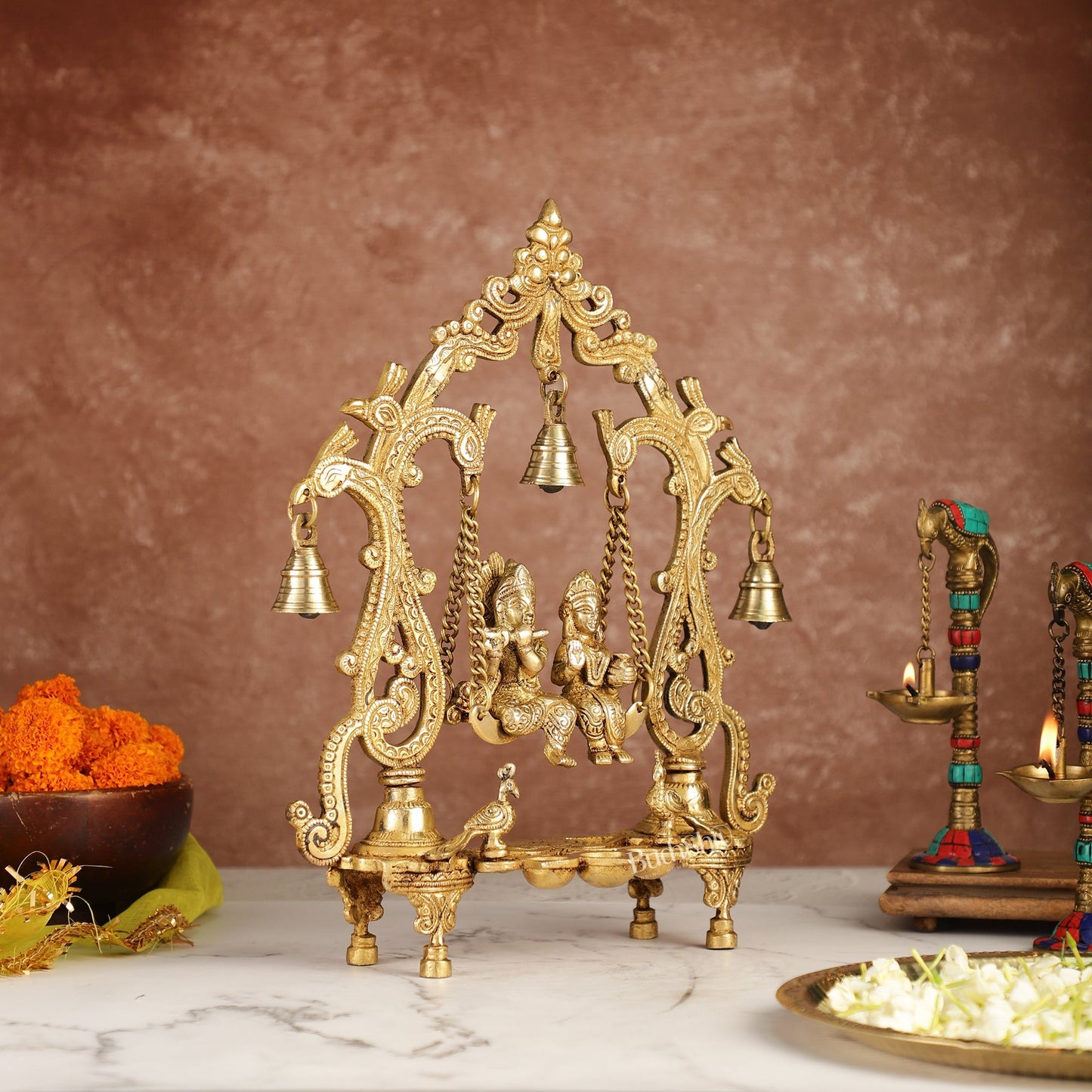 Brass Radha Krishna Swing with Three Diyas 13.5 inch Shine