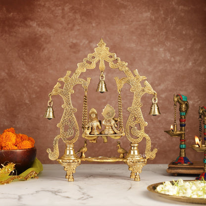 Brass Radha Krishna Swing with Three Diyas 13.5 inch Shine
