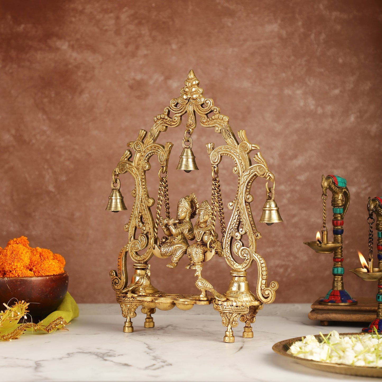 Brass Radha Krishna Swing with Three Diyas 13.5 inch Shine