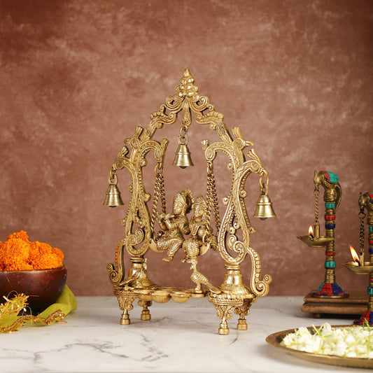 Brass Radha Krishna Swing with Three Diyas 13.5 inch Shine