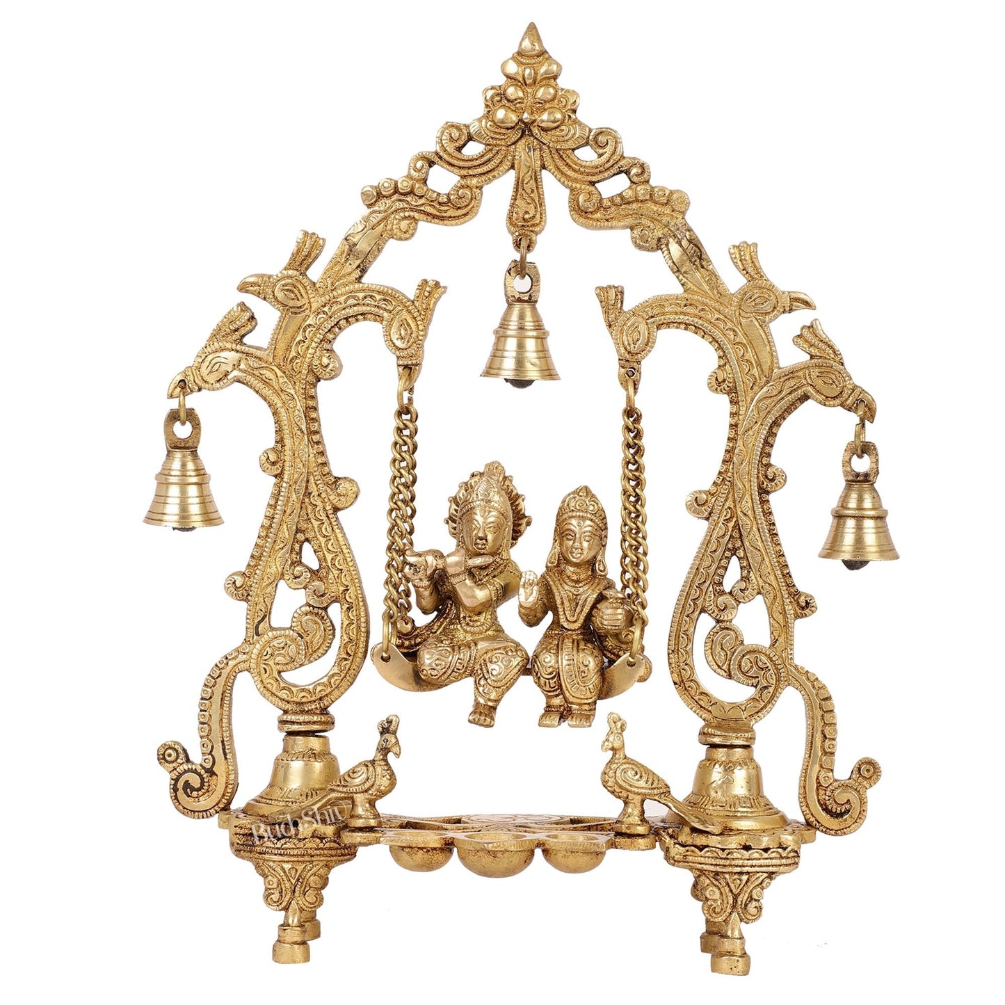 Brass Radha Krishna Swing with Three Diyas 13.5 inch Shine