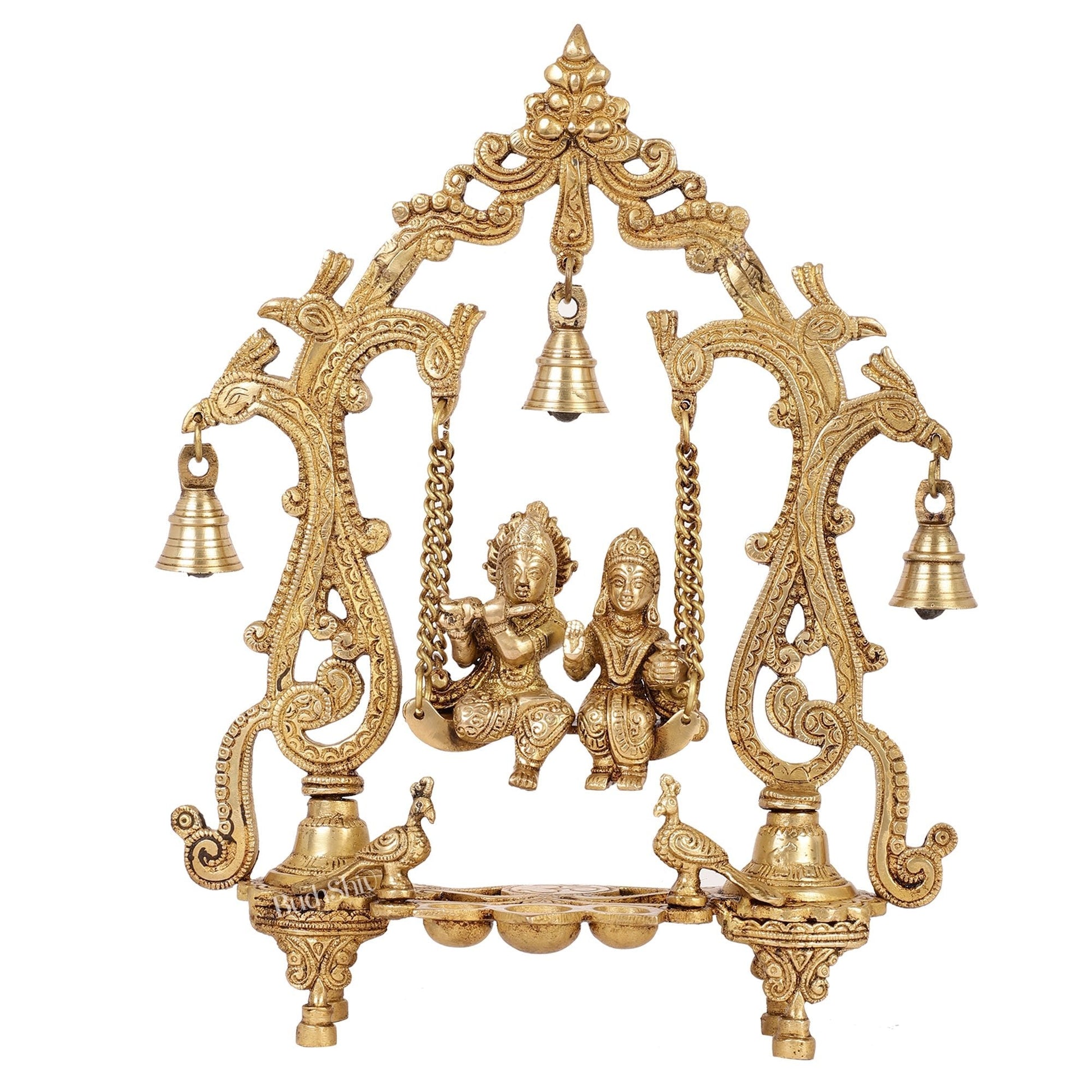 Brass Radha Krishna Swing with Three Diyas 13.5 inch Shine