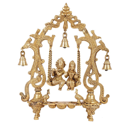Brass Radha Krishna Swing with Three Diyas 13.5 inch Shine
