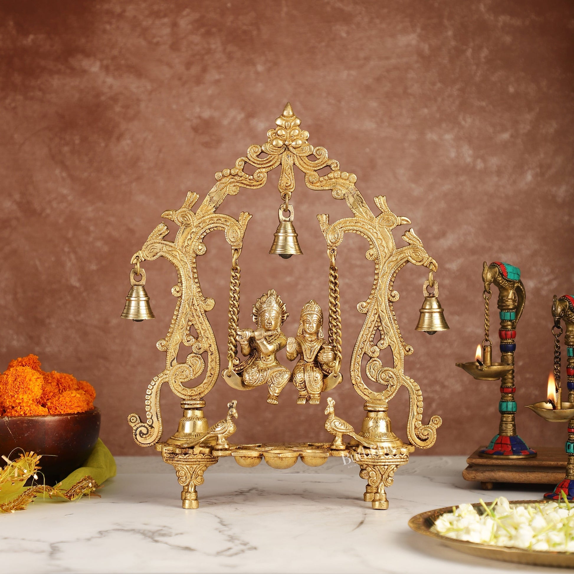 Brass Radha Krishna Swing with Three Diyas 13.5 inch Shine