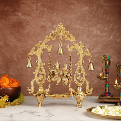 Brass Radha Krishna Swing with Three Diyas 13.5 inch Shine