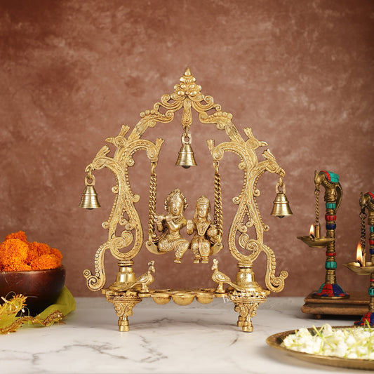 Brass Radha Krishna Swing with Three Diyas 13.5 inch Shine