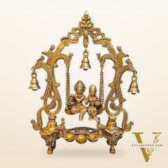 Brass Radha Krishna Swing with Three Diyas 13.5 inch
