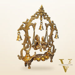 Brass Radha Krishna Swing with Three Diyas 13.5 inch