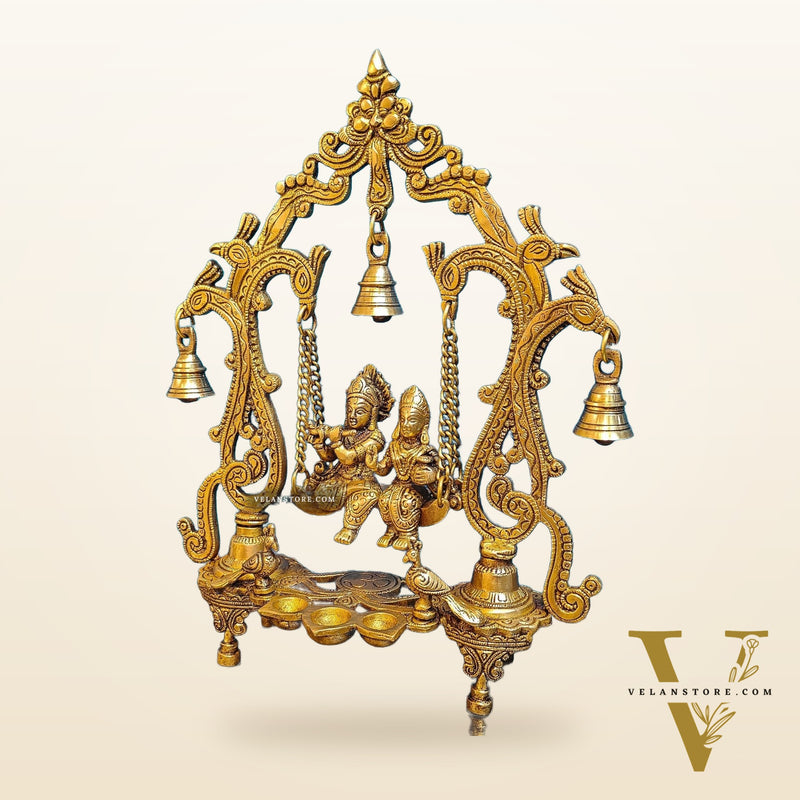 Brass Radha Krishna Swing with Three Diyas 13.5 inch