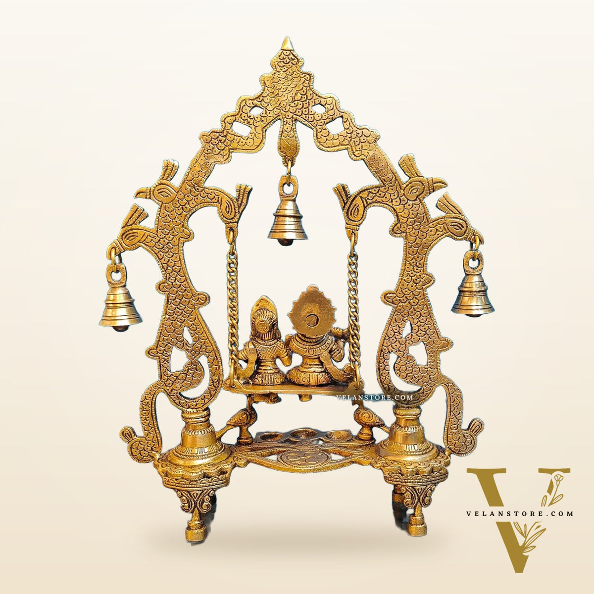 Brass Radha Krishna Swing with Three Diyas 13.5 inch