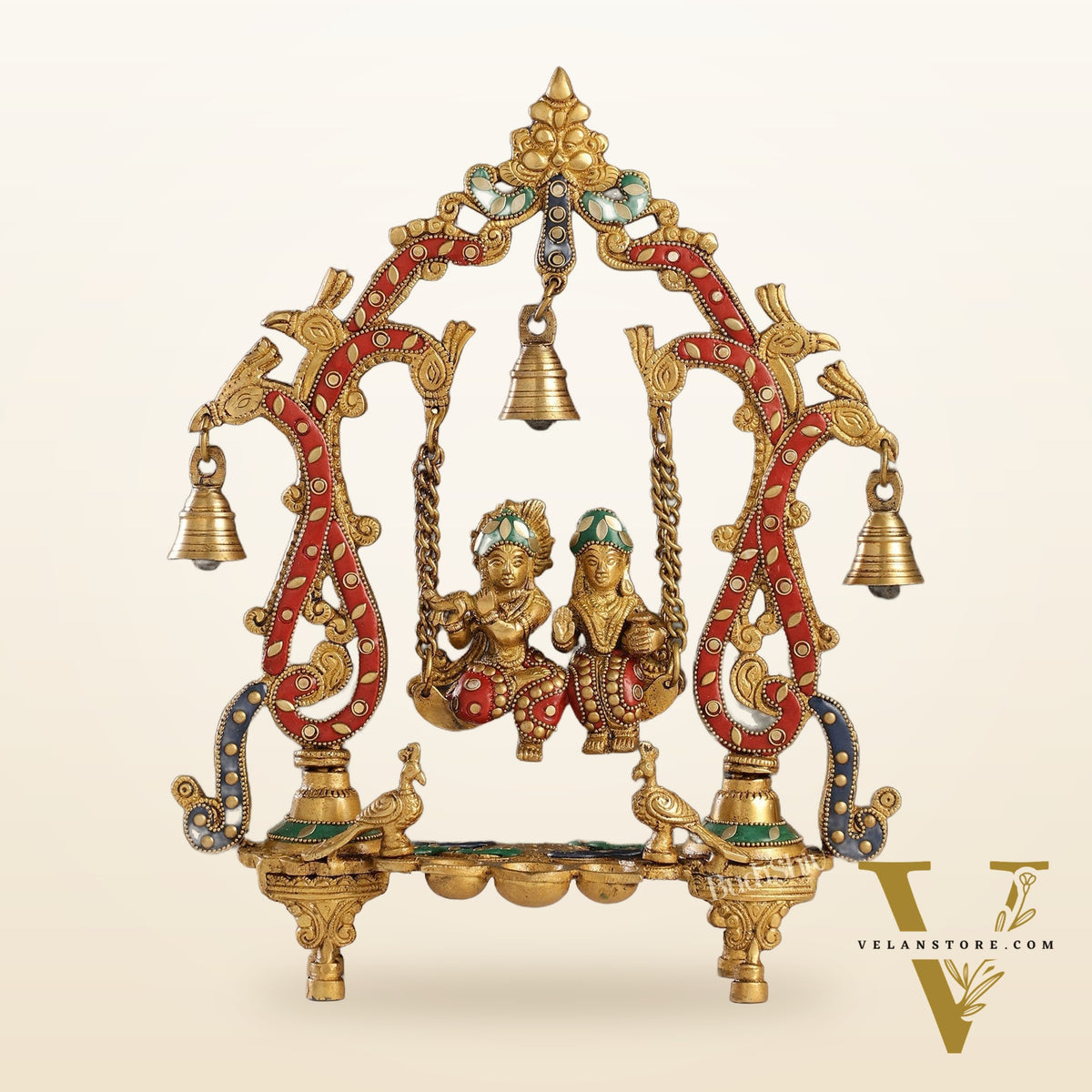 Brass Radha Krishna Swing with Three Diyas 13.5 inch with stonework