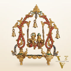 Brass Radha Krishna Swing with Three Diyas 13.5 inch with stonework