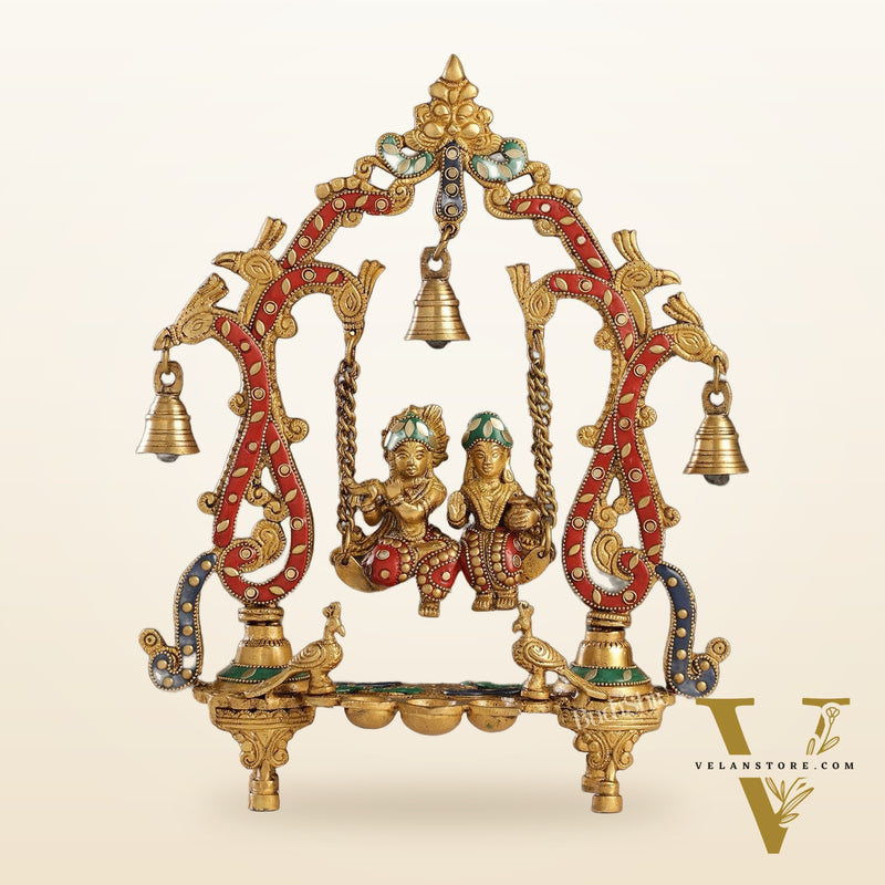 Brass Radha Krishna Swing with Three Diyas 13.5 inch with stonework
