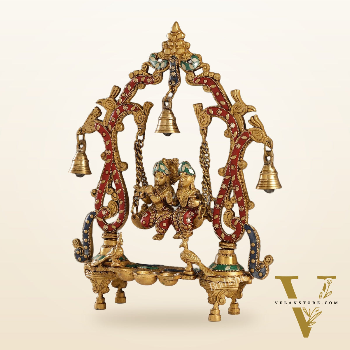 Brass Radha Krishna Swing with Three Diyas 13.5 inch with stonework