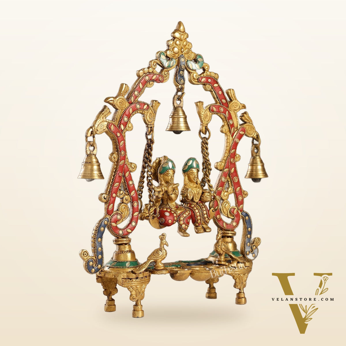 Brass Radha Krishna Swing with Three Diyas 13.5 inch with stonework