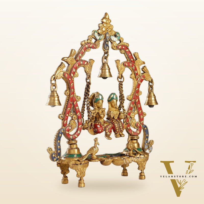 Brass Radha Krishna Swing with Three Diyas 13.5 inch with stonework