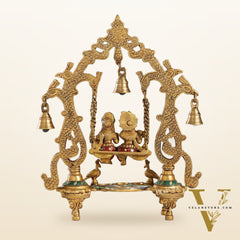 Brass Radha Krishna Swing with Three Diyas 13.5 inch with stonework