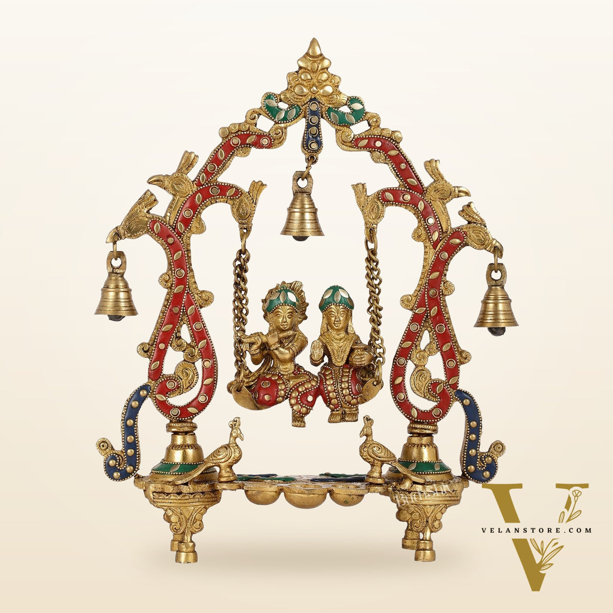 Brass Radha Krishna Swing with Three Diyas 13.5 inch with stonework