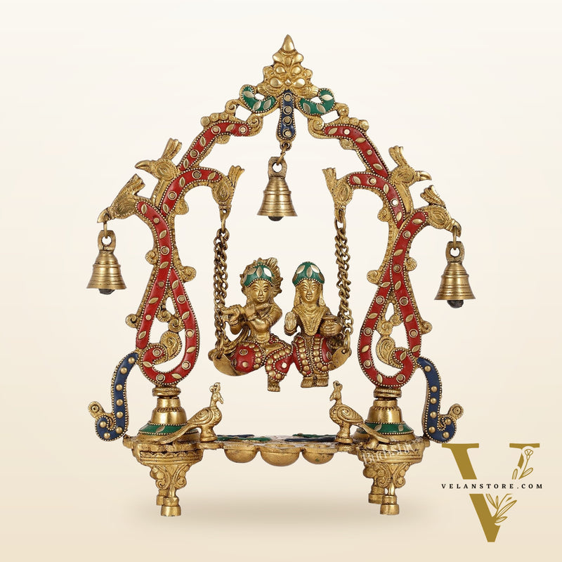 Brass Radha Krishna Swing with Three Diyas 13.5 inch with stonework