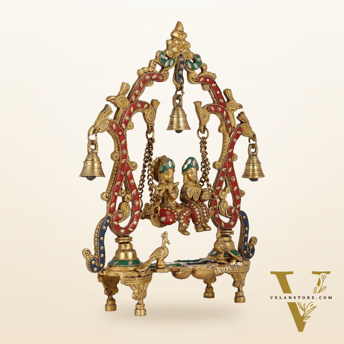 Brass Radha Krishna Swing with Three Diyas 13.5 inch with stonework
