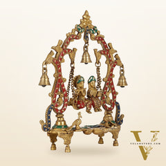 Brass Radha Krishna Swing with Three Diyas 13.5 inch with stonework