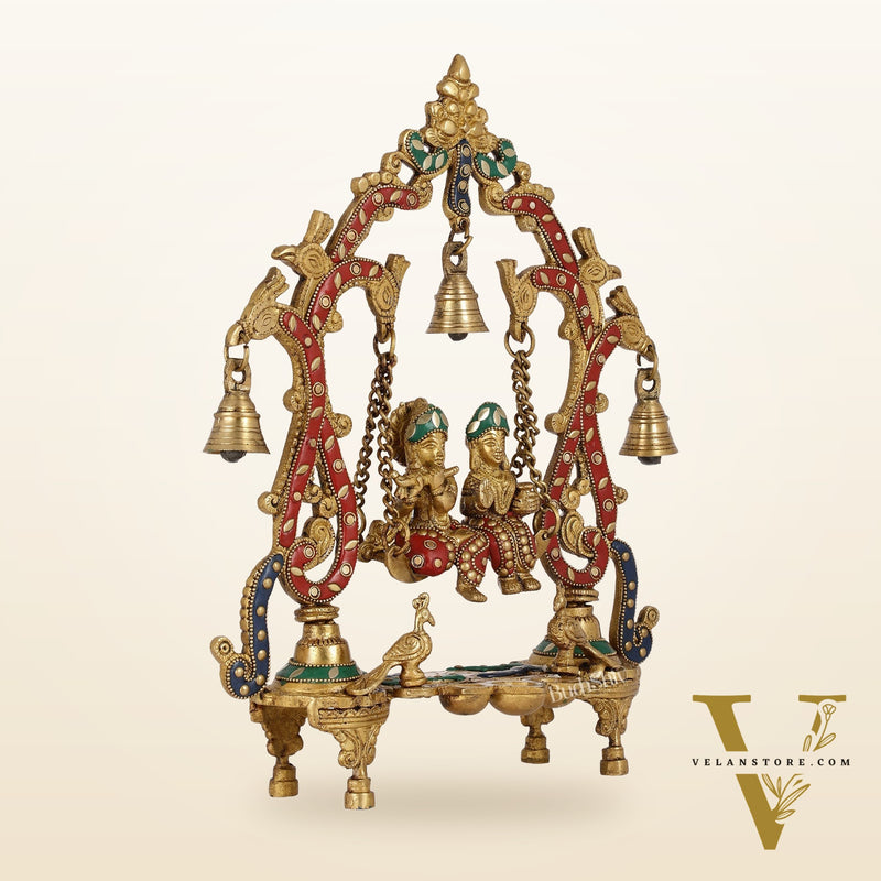 Brass Radha Krishna Swing with Three Diyas 13.5 inch with stonework