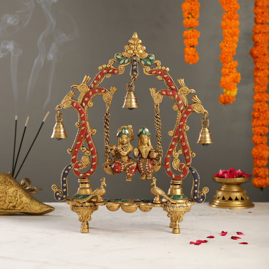 Brass Radha Krishna Swing with Three Diyas 13.5 inch with stonework