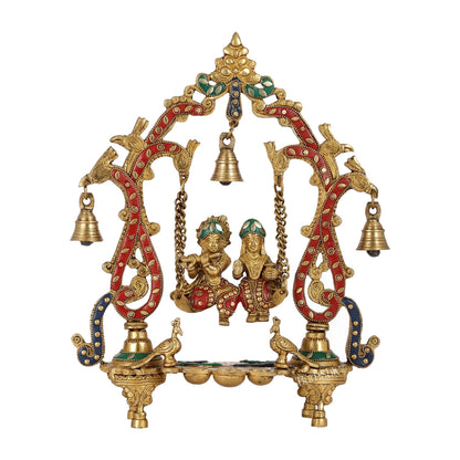 Brass Radha Krishna Swing with Three Diyas 13.5 inch with stonework