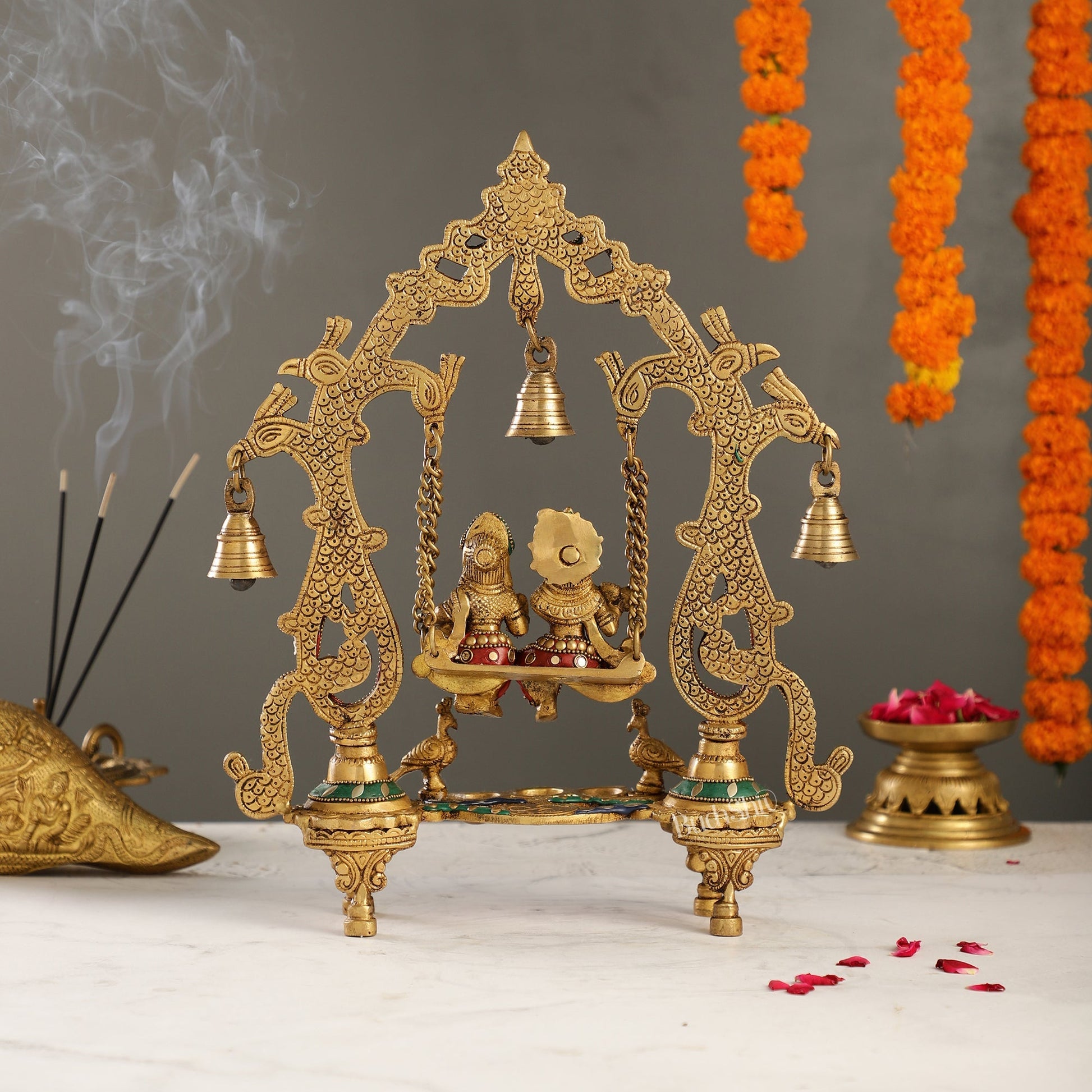 Brass Radha Krishna Swing with Three Diyas 13.5 inch with stonework