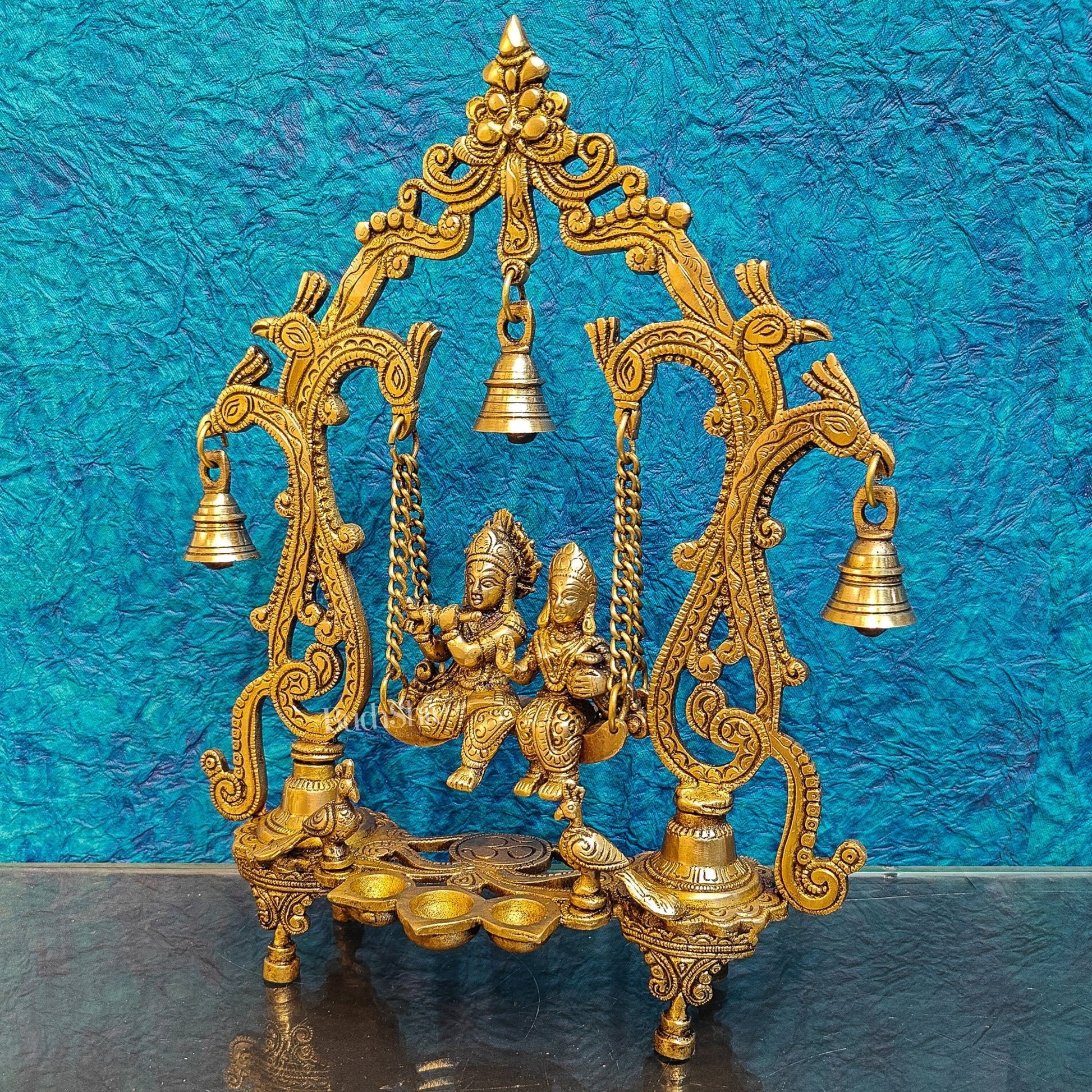 Brass Radha Krishna Swing with Three Diyas 13.5 inch