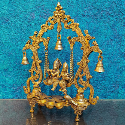 Brass Radha Krishna Swing with Three Diyas 13.5 inch