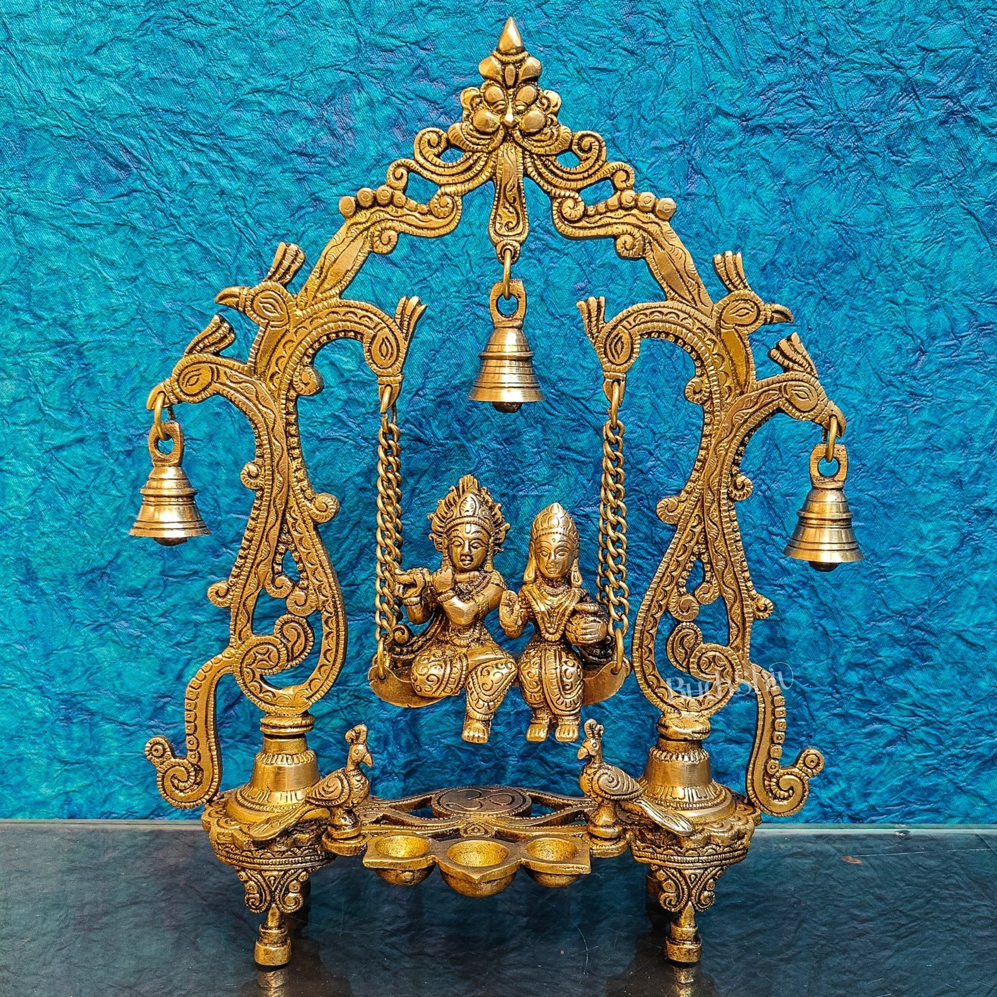 Brass Radha Krishna Swing with Three Diyas 13.5 inch