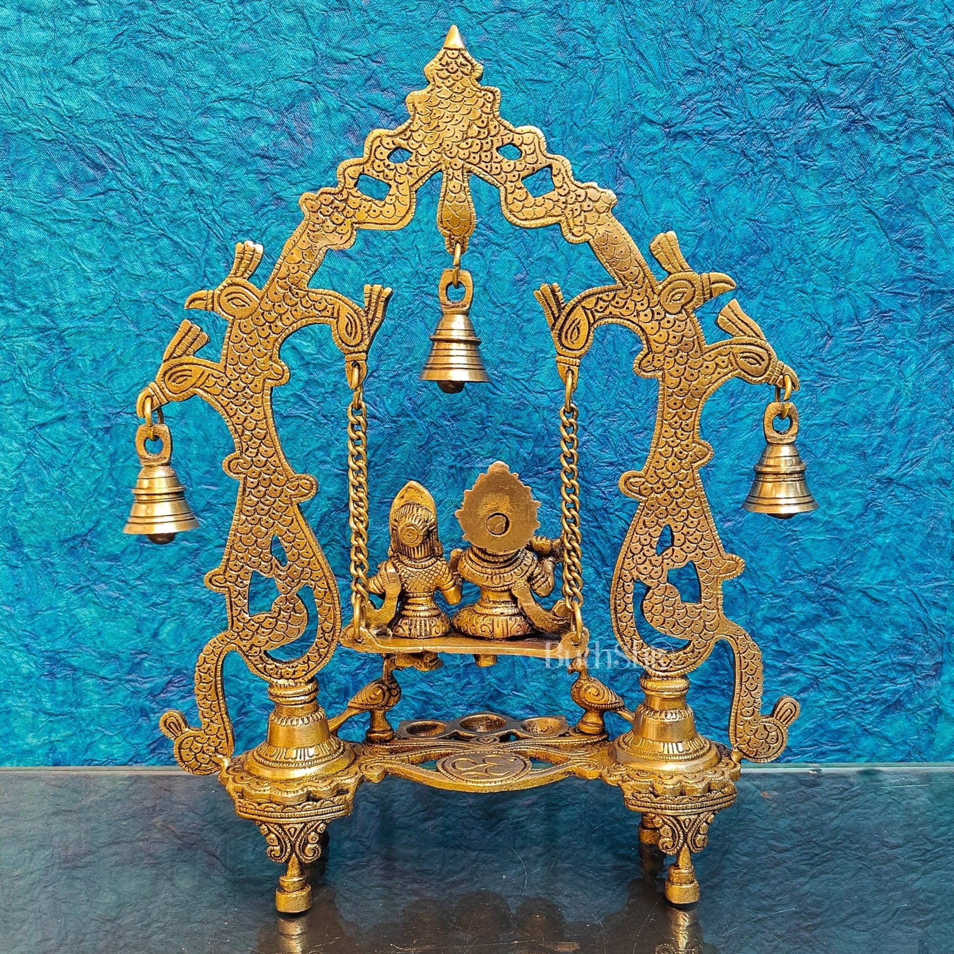 Brass Radha Krishna Swing with Three Diyas 13.5 inch