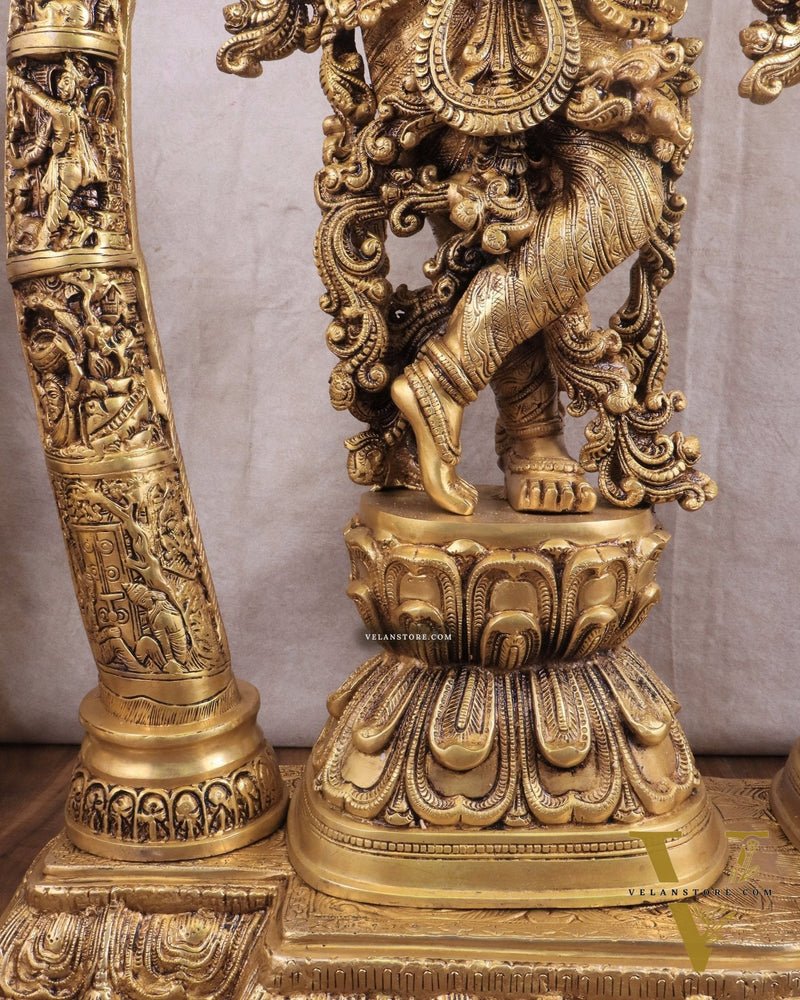 Brass Radha Krishna Temple Arch with Krishna Leelas – Superfine Carvings 45"